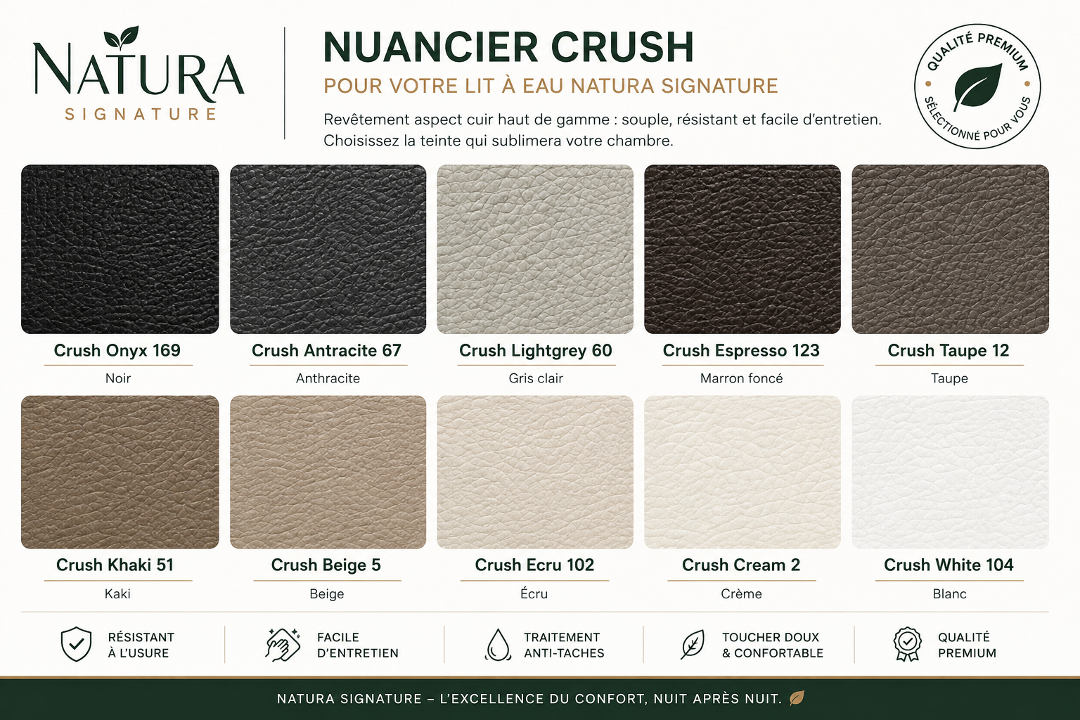 Nuancier cuir synthétique CRUSH | Waterbed France