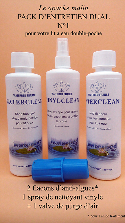 Pack d'entretien dual n°1 Waterbed France, produit anti algues pour lit a eau conditionneur et nettoyant vinyle pour lit a eau mono poche