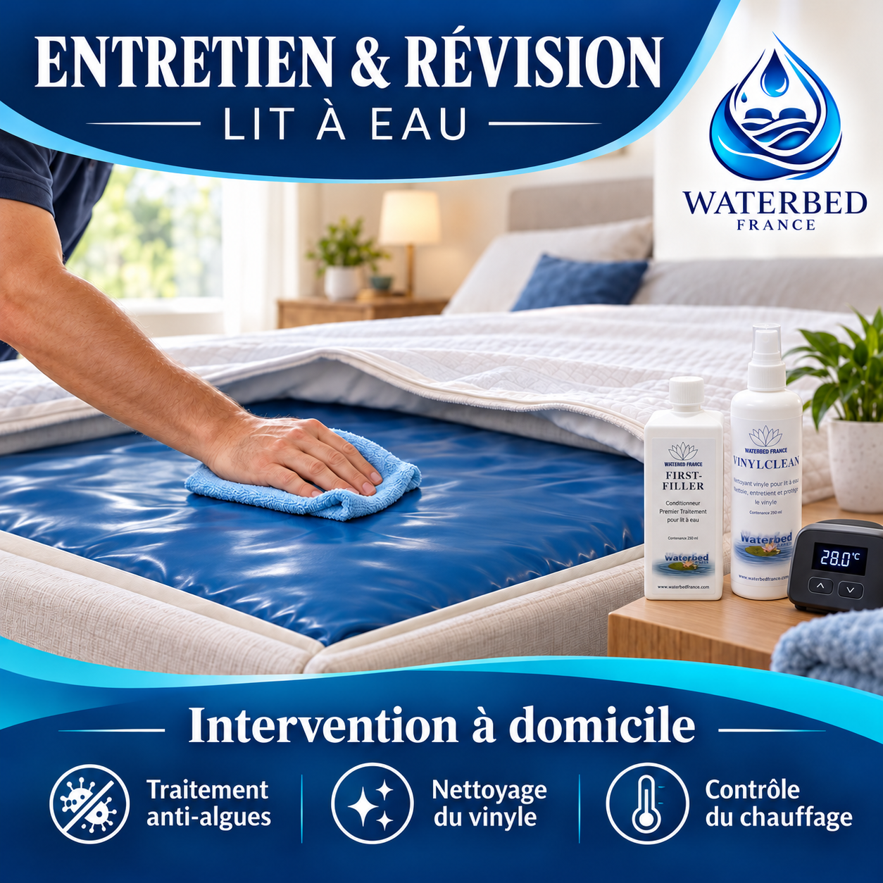 Entretien et révision de lit à eau à domicile avec les produits FIRST-FILLER et VINYLCLEAN de Waterbed France